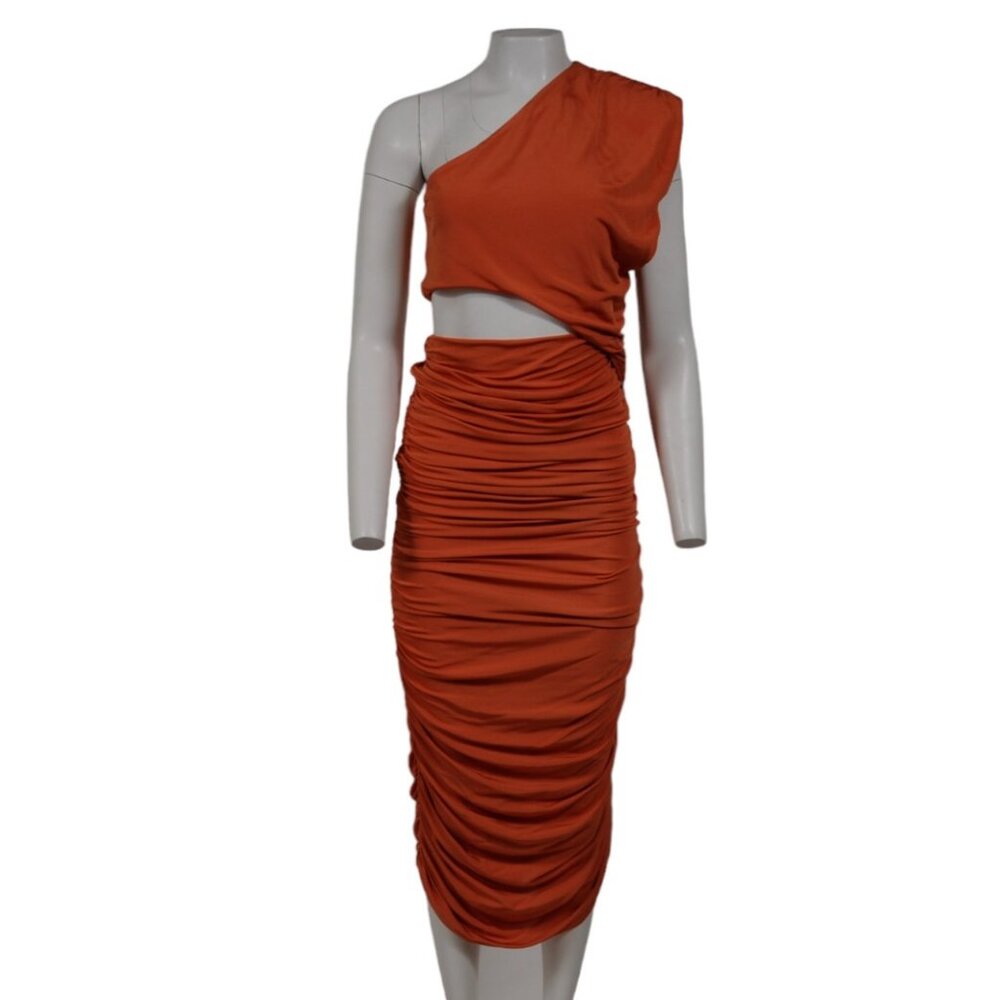 Ronny Kobo Womens Donna One Shoulder Ruched Midi Dress Small Peach Viscose
